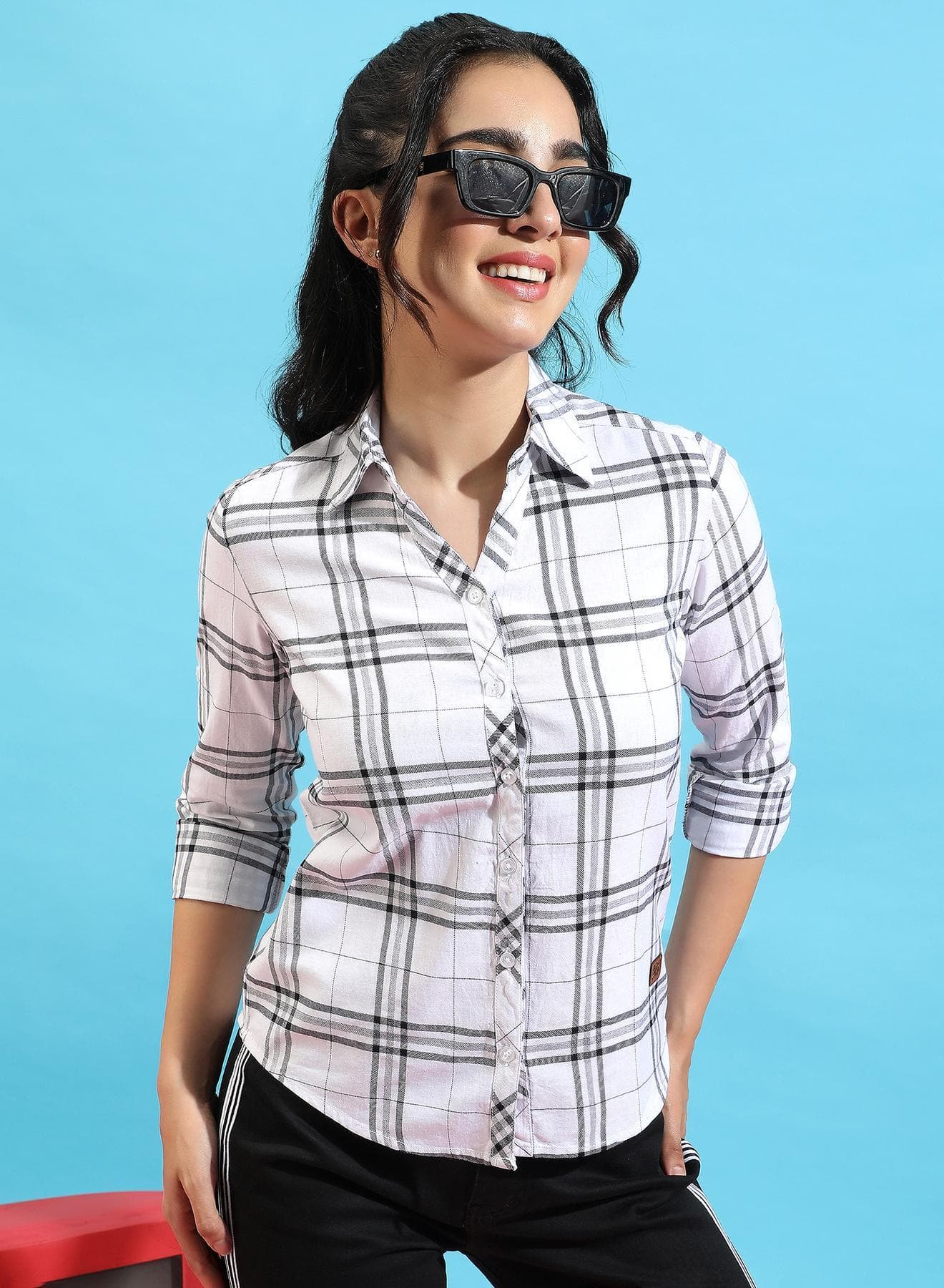 Women's White Tartan Plaid Shirt