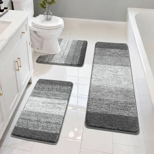Pauwer Bathroom Rugs Set 3 Piece Non Slip Washable Microfiber Absorbent Bath Mat Floor Carpet Extra Soft Quick Dry Shower Rug UShaped Contour Toilet Mats Grey