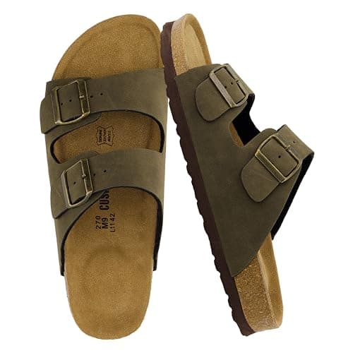 CUSHIONAIRE Lane Cork Footbed Mens Sandals, Adjustable Buckle Comfort Slides for Men, Genuine Leather Insole Summer Sandals Men Footwear, OLIVE 13