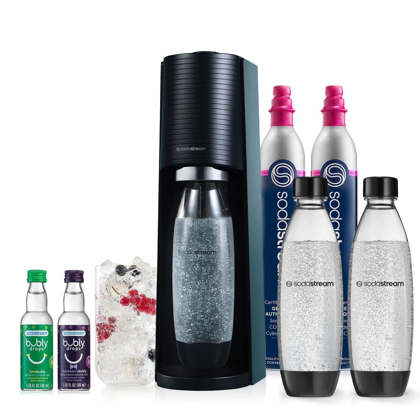 SodaStream Terra Sparkling Water Maker Bundle Black with CO2 DWS Bottles and Bubly Drops Flavors