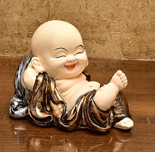 Karigaari India Handcrafted Resine Little Sleeping Laughing Buddha Monk with Potli Sculpture | Showpiece for Home Décor and Office, Brown