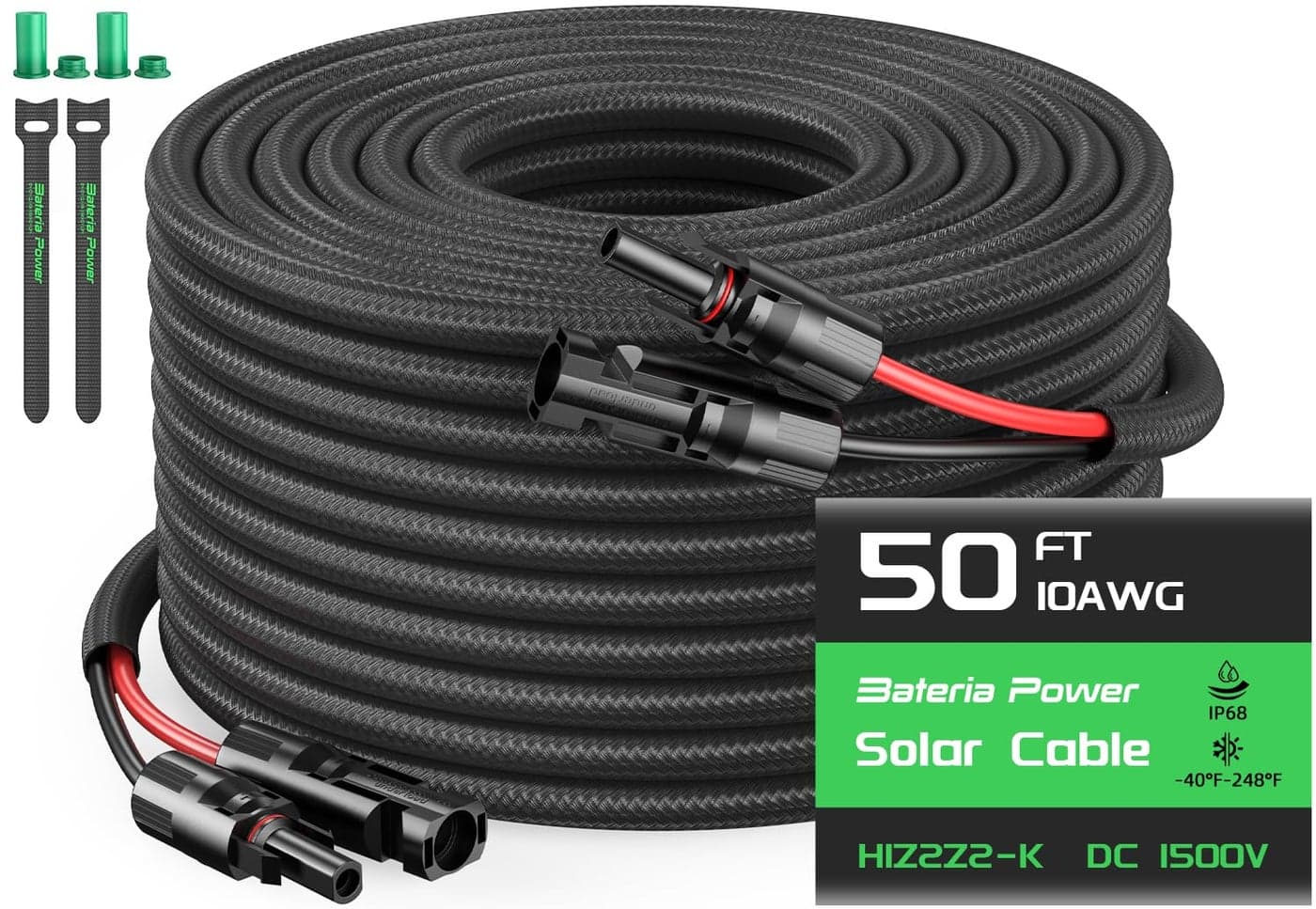 Bateria Power 1 Pair 50FT Solar Cables, 10 Gauge Solar Extension Cable with IP68 Female & Male Waterproof Connectors and Dust Caps for RV, Photovoltaic Systems