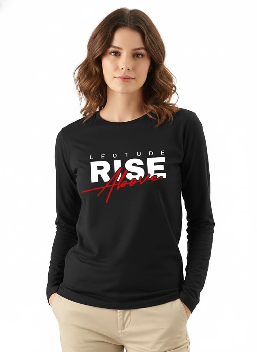 LEOTUDE Womens Boyfriend/Loose Fit Round Neck Cottonblend Full Sleeve T-Shirts (GRL32_BLK_Groovy_P_Black_M)