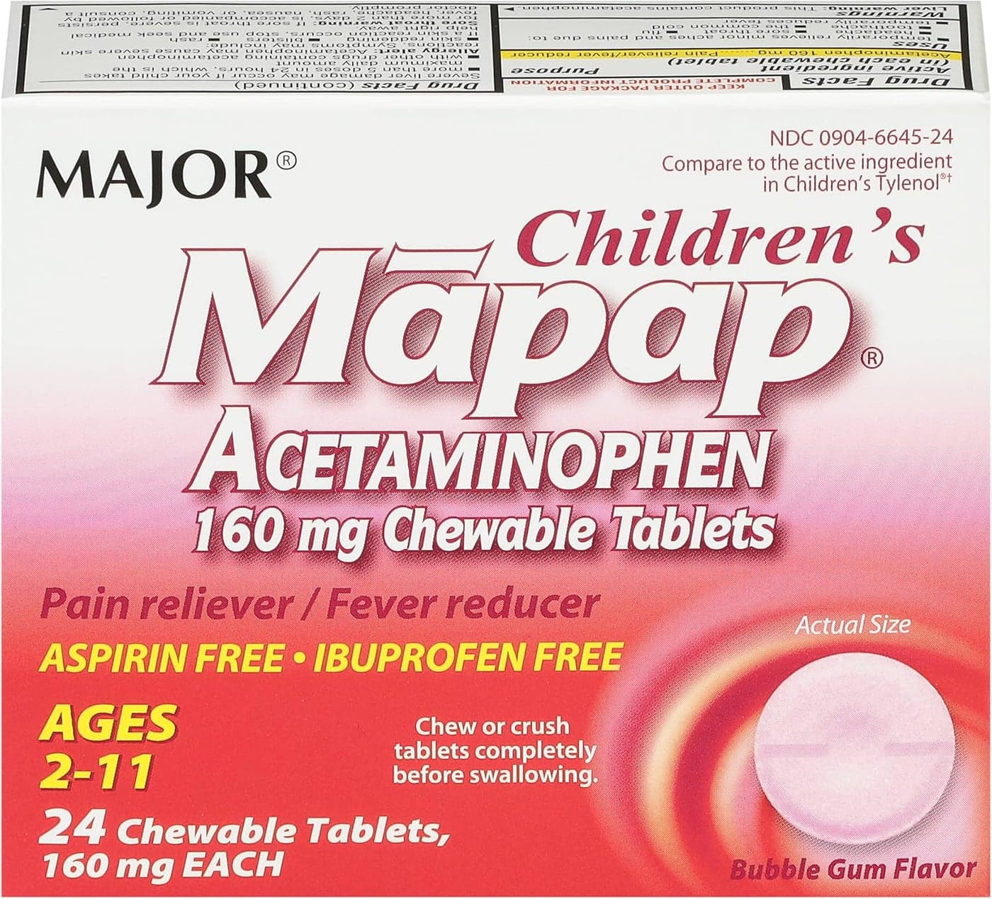 MAJOR Childrens Mapap Acetaminophen 160 mg Chewable Tablets Pain RelieverFever Reducer Aspirin Free Ibuprofen Free for Ages 2 to 1124 Count 1 Pack