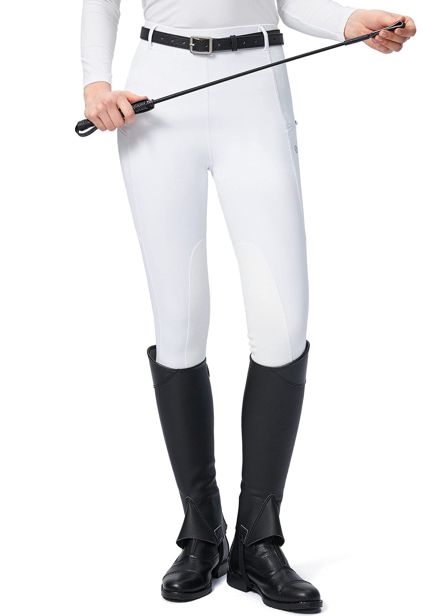 SANTINY Women's Horse Riding Pants with Zipper Pockets Knee-Patch Schooling Tights Equestrian Breeches for Women (White_M)