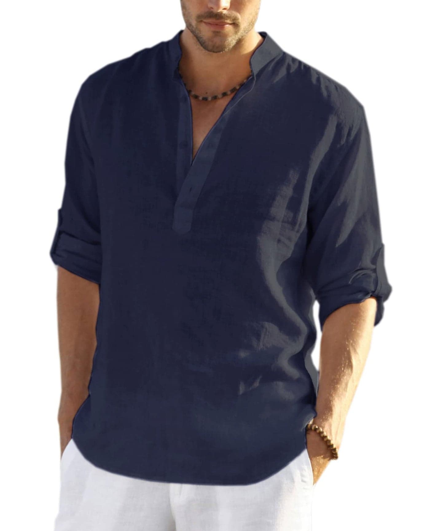 COOFANDY Men's Cotton Linen Henley T-Shirts Long Sleeve Hippie Casual Beach T-Shirts Navy Blue