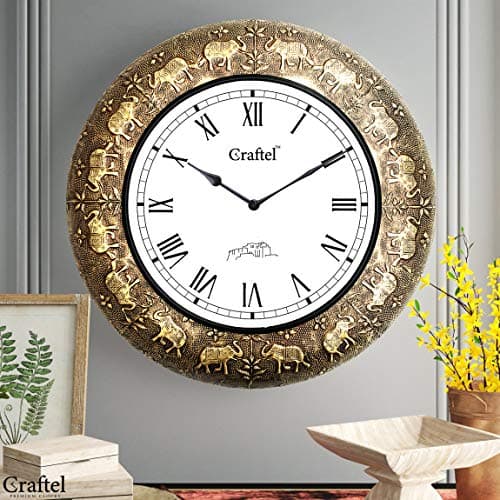CRAFTEL Brass Embossed Roman Dial Analog Wall Clock Handcrafed Antique Clock For Bedroom Living Room Home And Office (18 Inch, Gold)