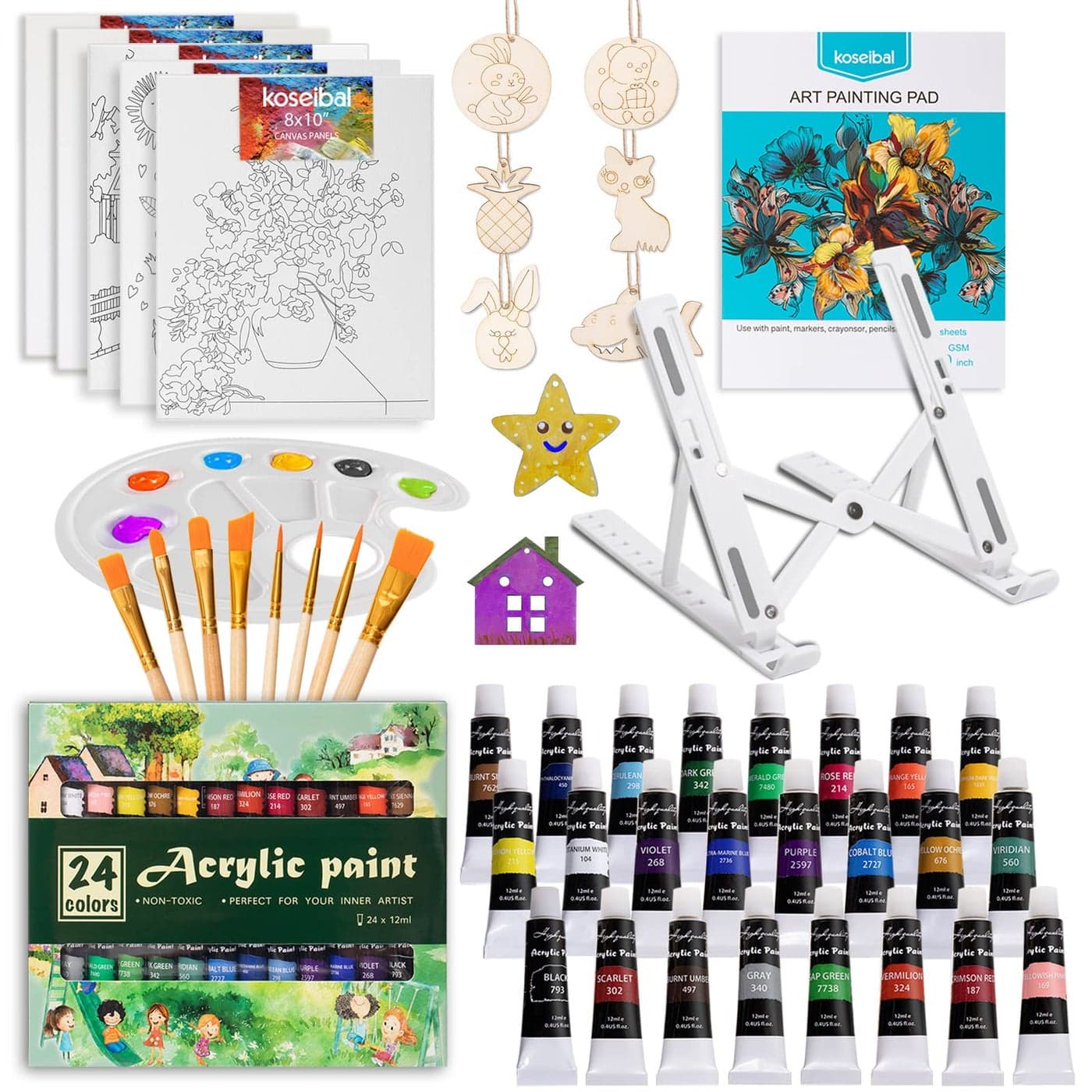 koseibal Acrylic Art Set with 24 Acrylic Paints 8 DIY Wooden Stencils 5 Canvas Panels 8 Brushes Table Easel Etc Painting Supplies Kit for Kids Students Artists and Beginner