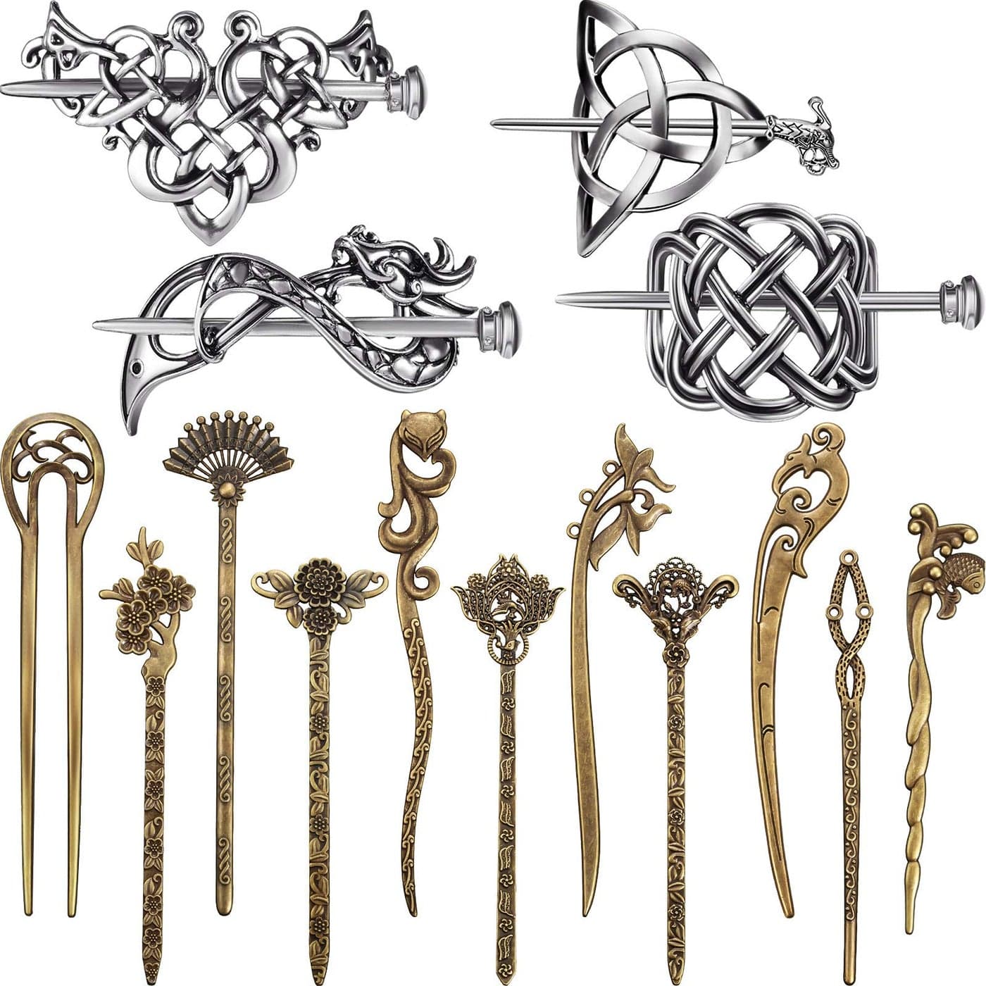 WILLBOND 4 Pieces Retro Silver Celtic Hair Slide Hairpins and 11 Pieces Vintage Bronze Viking Hair Sticks Hair Accessories for Women Girls