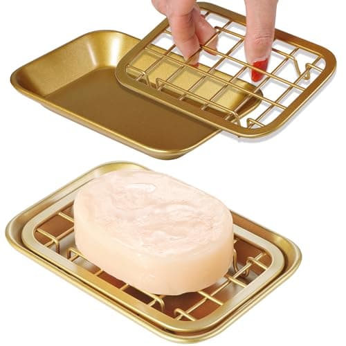 Kitchen and Bathroom Soap Dish Tray - Metal 2-Piece Soap Dish Tray with Drainage Grid and Holder for Kitchen Sink Countertops to Store Soap, Sponges, Scrubbers - Rust Resistant (2 Pack, Gold)
