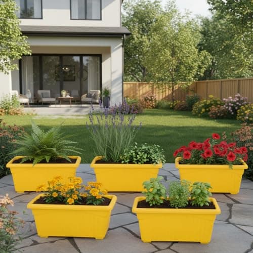 Go Hooked Rectangular Plastic Pots for Plants, Jupiter Flower Pots for Home, Window Display, Garden (Set of 5, Yellow) (35 x 18.5 x 15 cm)