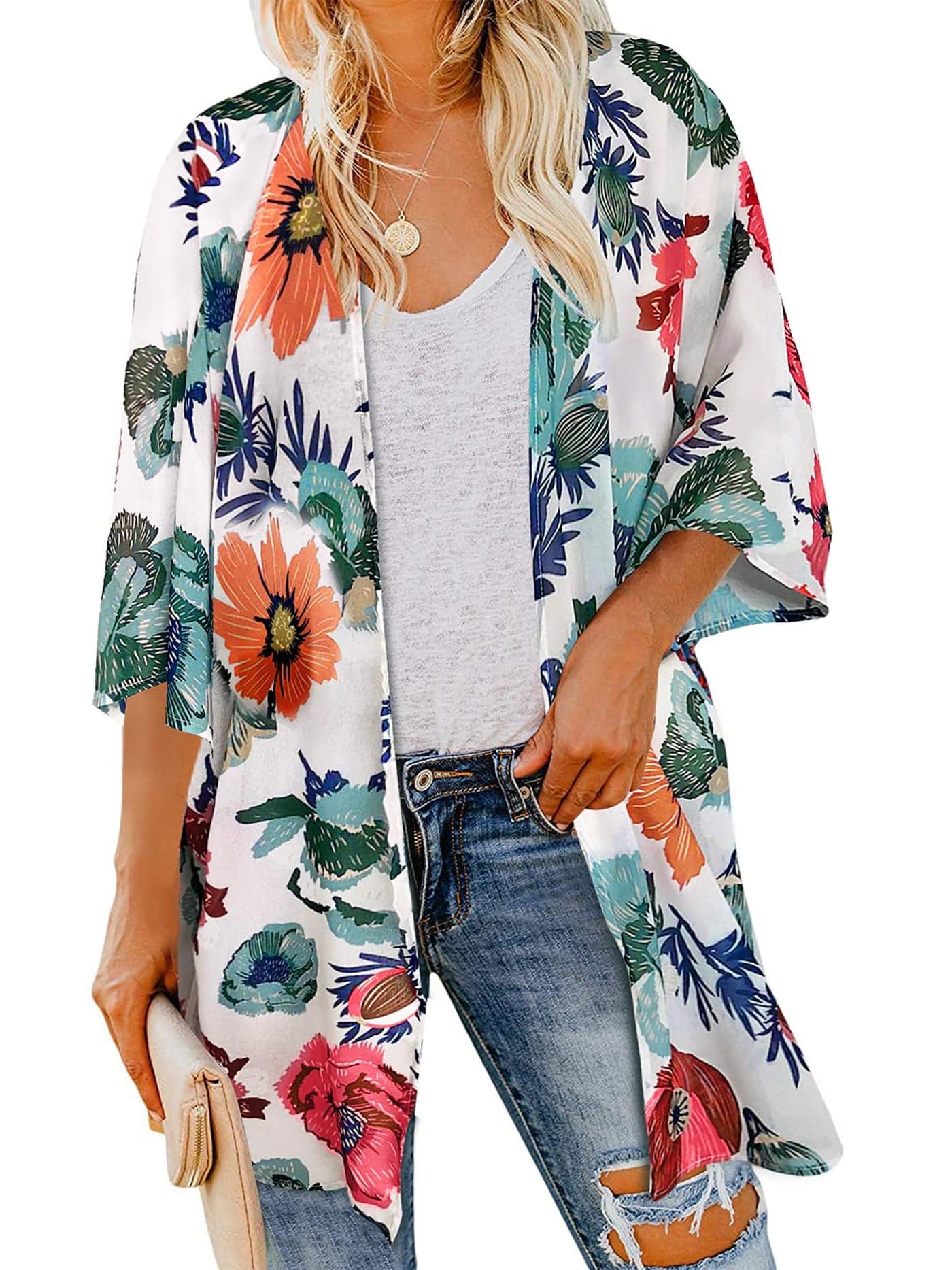 Women's Summre Kimono Cardigan Floral Print Sheer Chiffon Loose Casual Beach Cover Up Tops (Da White,M)