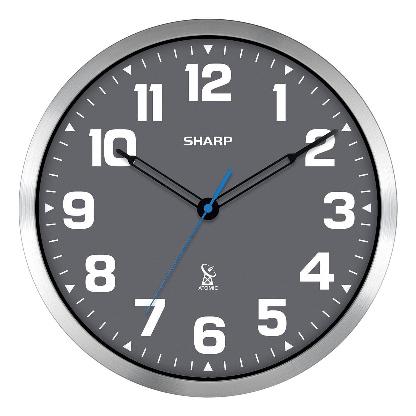 Sharp Atomic Analog Wall Clock 12 Grey Face Silver Brushed Finish Sets Automatically Battery Operated Easy to Read Easy to Use Modern Design and Style