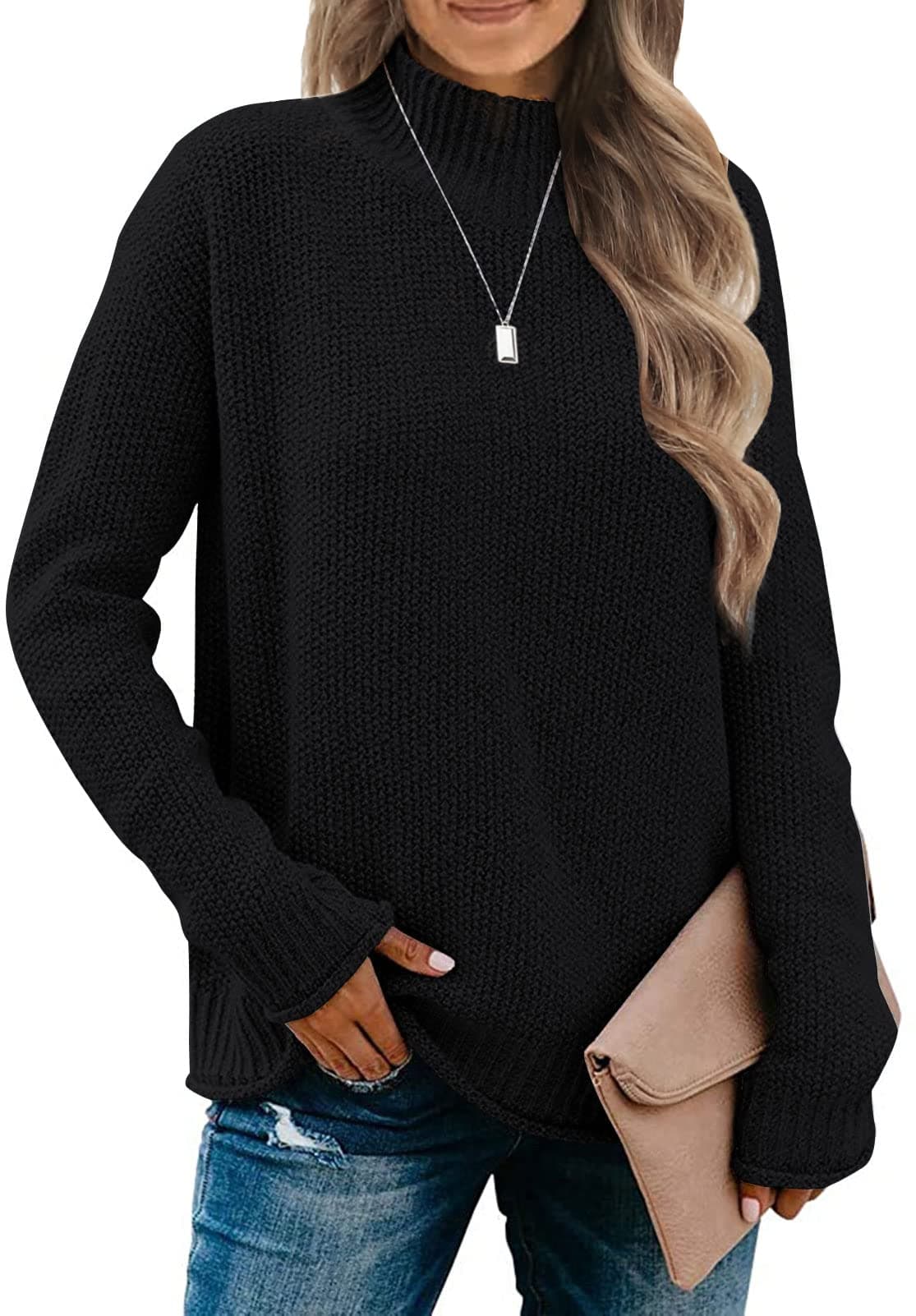 MEROKEETY Women's Turtleneck Long Sleeve Sweater 2025 Fall Cozy Knit Loose Casual Trendy Pullover Tops Winter Clothes, Black, Large