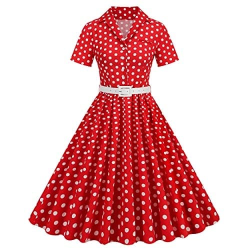 50s Polka Dot Dress Audrey Hepburn Style Cocktail Swing Dresses 1950s Vintage Shirt Dress for Women Short Sleeve Peter Pan Collar Dress with Belt Fit and Flare A Line Rockabilly Dress Red-Belted M