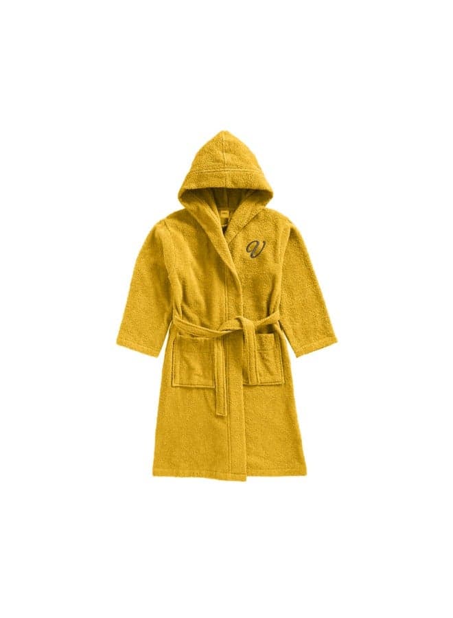 Daffodil (Yellow) Monogrammed 8 Year Kids Bathrobe (112 x 113 Cm) Hooded Terry Cotton Set of 01 - Letter "V"