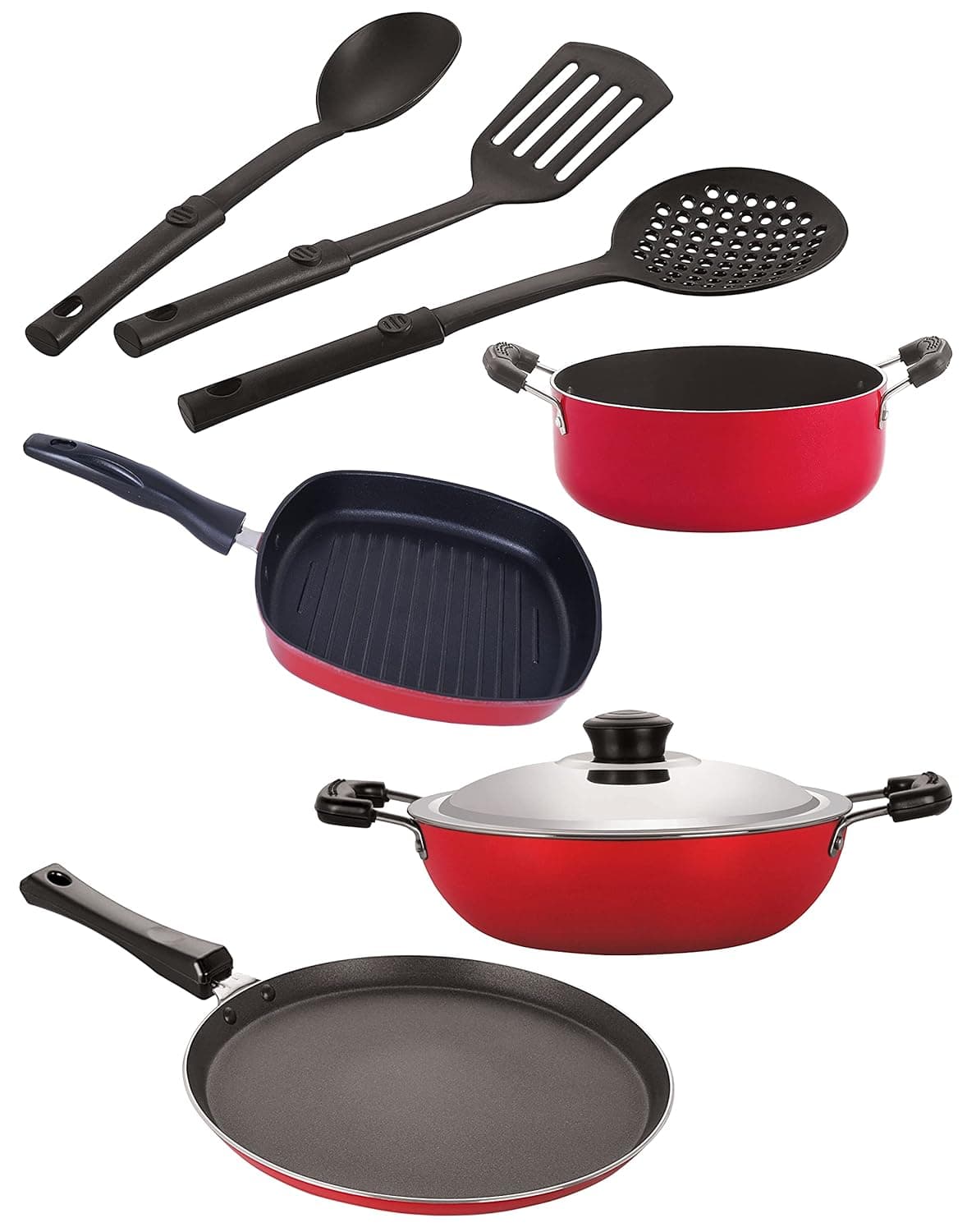 Nirlon Nonstick Coated Aluminium 7 Pcs Set of Deep Kadhai22cmGrill Pan245cmCasserole22cmSmart Tawa265cm 3 Spoon 26mm_DKDM_GP24_Cass22_ST11_3SPN
