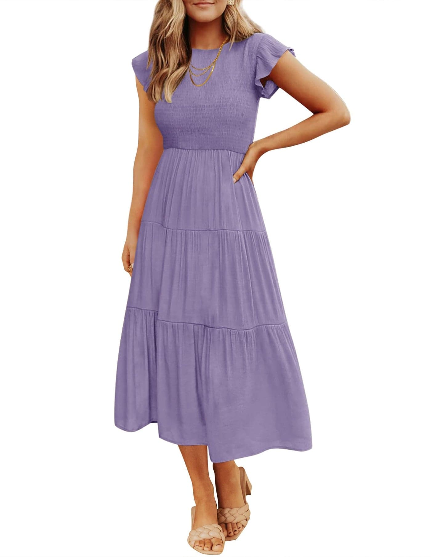 ZESICA Womens 2025 Summer Casual Flutter Short Sleeve Crew Neck Smocked Elastic Waist Tiered Midi DressVioletXLarge