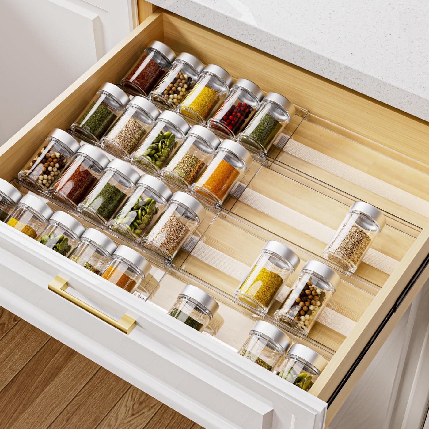 MIUKAA Acrylic Spice Drawer Organizer 4 Tier 8 Pack Seasoning Organizer for Drawer Expandable From 13 to 26 Kitchen Drawer Spice Rack with SlipProof Mat Jars not Included