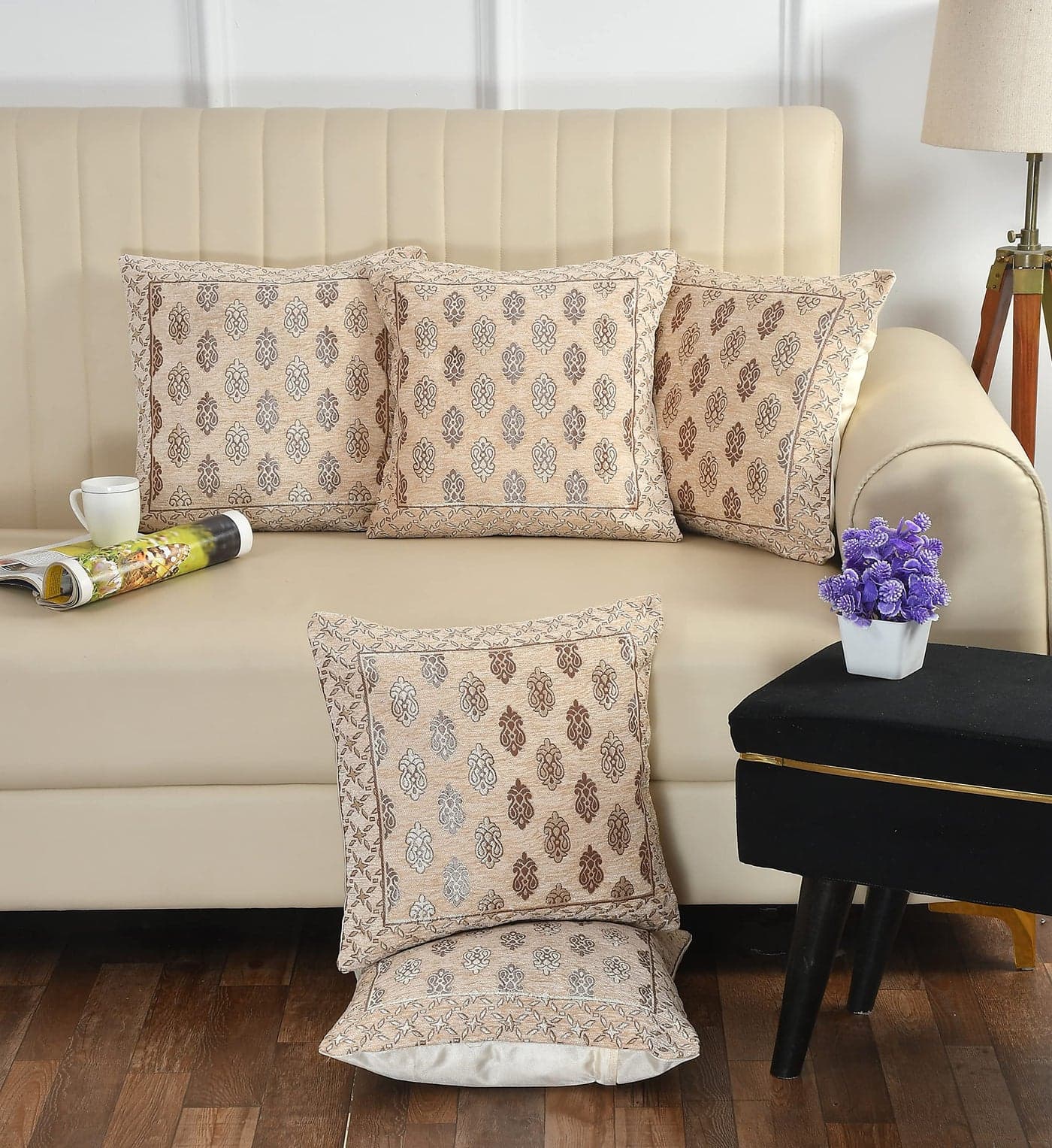 LOOMLYFE Jacquard Geomteric Cushion Covers 16 Inch X 16 Inch Set Of 5 Ethnic Motifs 240 TC Cushion Covers,Design- Ambi,Color- Beige