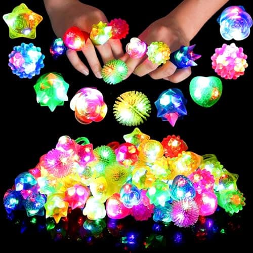 Sauyoza 38 Pack Light Up Rings Christmas Party Favors for Kids 48 812 Goodie Bags Stuffers Treasure Box Toys for Classroom Prizes Birthday Glow in The Dark Party Supplies Favors for Kids