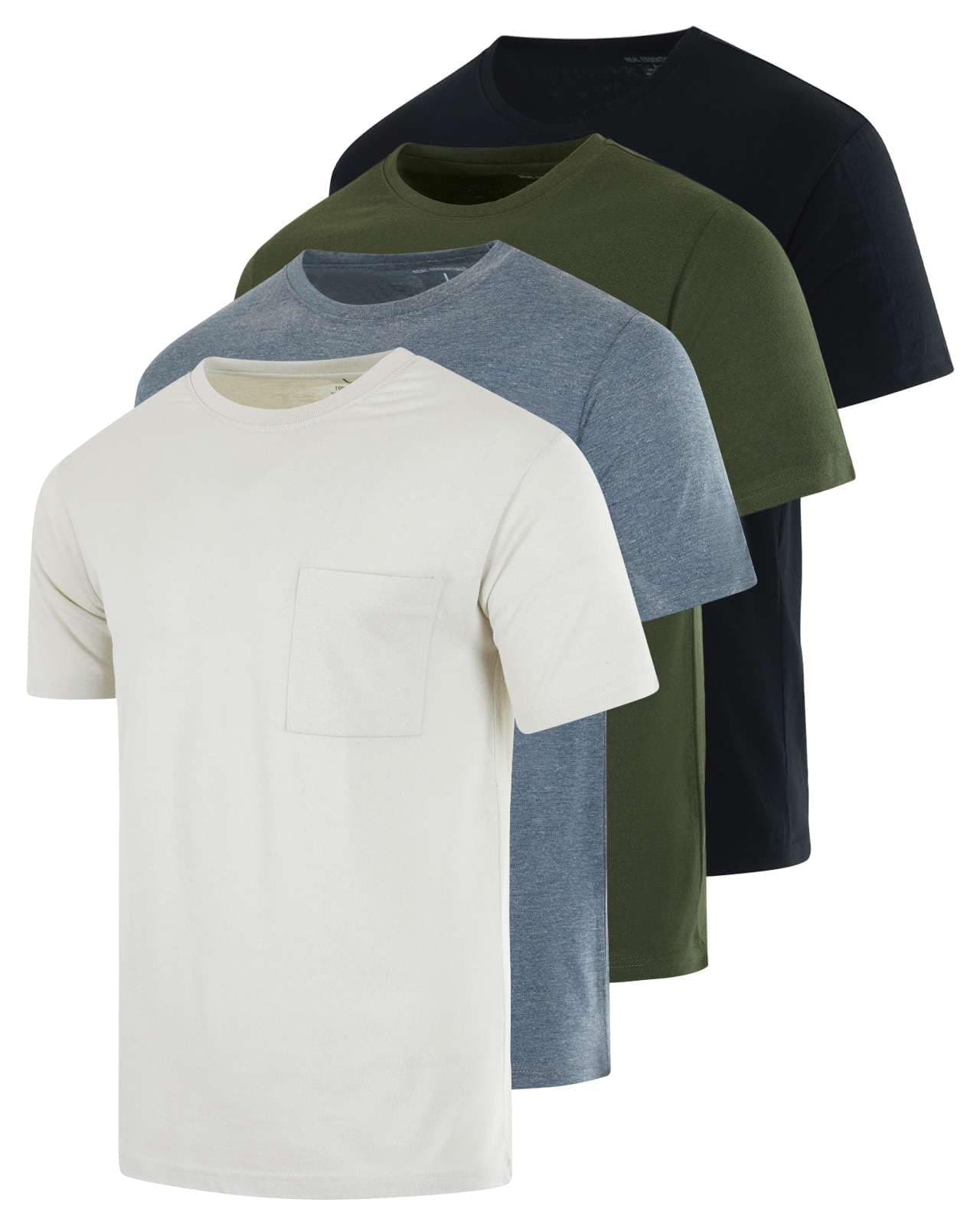 Real Essentials 4 Pack: Men's Cotton Performance Short Sleeve Crew Neck Pocket T-Shirt Athletic Top (Available in Big & Tall)-Set 7,L