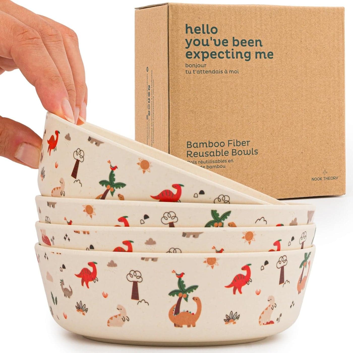 Nook Theory 4 Pack Bamboo Bowls 18 Oz Reusable Toddler and Kids Bowl Dishwasher Safe Not Microwavable Bamboo Dishes Dino