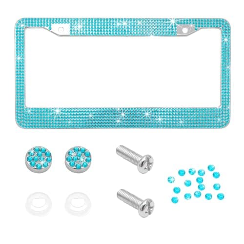 SHMZK Bling Car License Plate Frame Handcrafted Rhinestone License Plate Frame with Glitter Screw Caps Sparkly Bedazzled Diamond Stainless Steel License Plate Holder for Women Lake Blue