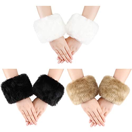 3 Pairs Women Winter Wrist Warmers Faux Fur Cuff Arm Leg Warmers for halloween Women Costumes Gifts(White, Black, Camel)