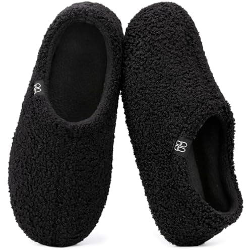 HomeTop Women's Fuzzy Curly Fur Memory Foam Loafer Slippers Bedroom House Shoes with Polar Fleece Lining (7-8, Black)