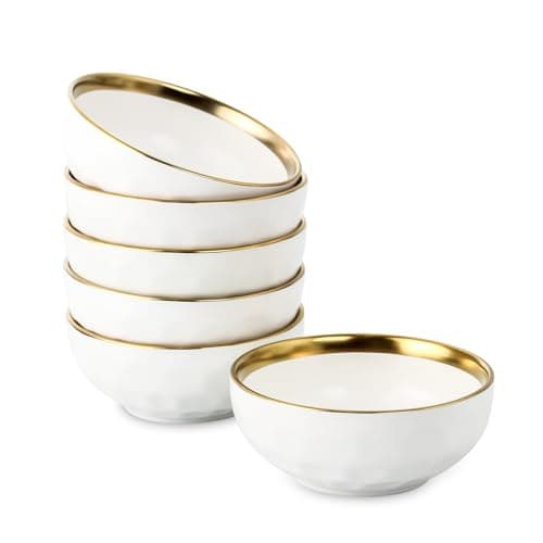 vicrays Ceramic Salad Bowls Set for Kitchen, Serving - 24 Ounce Soup Bowls, Pasta Bowls, Chip Resistant, Dishwasher Safe, NOT Microwave Safe, Fluted, Stoneware, Set of 6 (White with Golden)