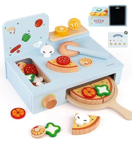 Pillowhale Wooden Pizza Play Set for Kids 36 Slice and Serve Pretend Play Food with HookandLoop Cutting Pizza Counter Toy with Storage Oven 24 PCS Kitchen Role Play Gift