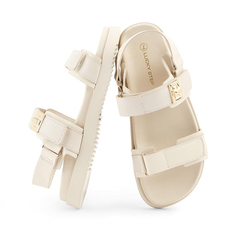 LUCKY STEP Women's Flat Sandals Casual Open Toe Beach Sandals Adjustable Double Strap Summer Sandals(7 M US Beige)