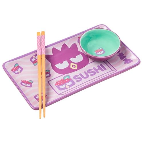 Silver Buffalo Sanrio Hello Kitty and Friends BadtzMaru Japanese Roe Purple Ceramic Sushi Set with Dipping Sauce Dish and Matching Chopsticks