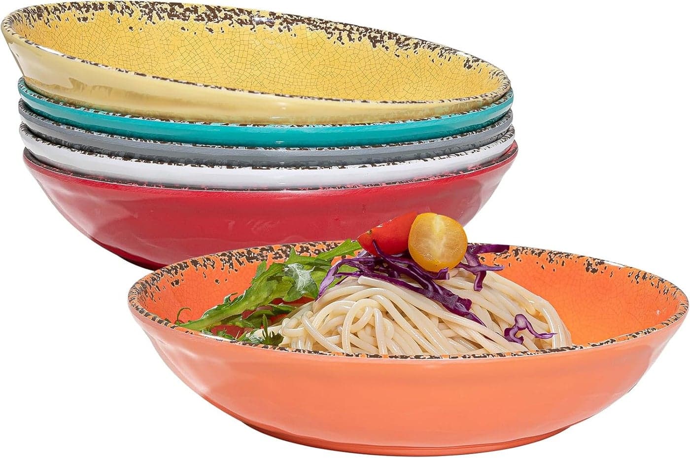 Vintage Pasta Bowl Melamine Pasta Bowls Set of 6 42 OZ Large Corlorful Serving Bowl for Kitchen Dishwasher Safe SaladSoupFruit Dinner Bowls Shallow Pasta Plates Multicolor