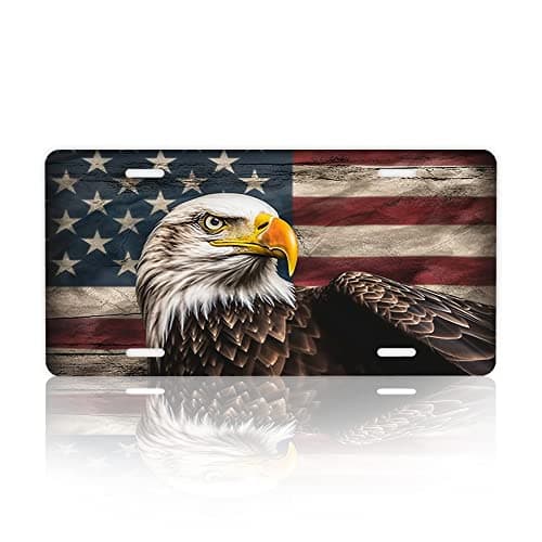 Front License PlateAmerican Flag with Eagle License Plates Cover RustProof Stainless Steel Metal Car Plate Tag Funny Novelty Vanity Tag Screw Decorative for Men Women Display Use Only