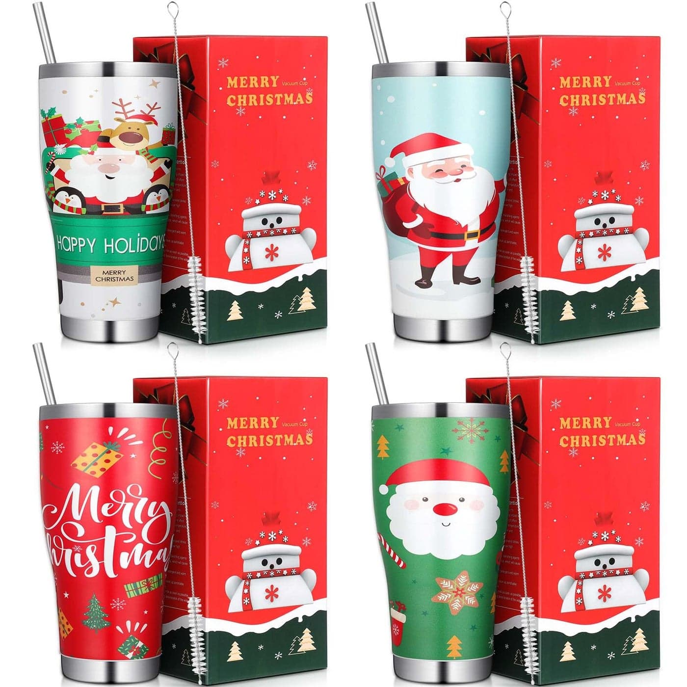 Mifoci 4 Pcs 30 oz Christmas Tumbler with Lid and Straw Stainless Steel Christmas Mug Double Insulated Cup Insulated Coffee Tumbler with Straw Brush for Holiday Coworkers Women GiftsStyle 2