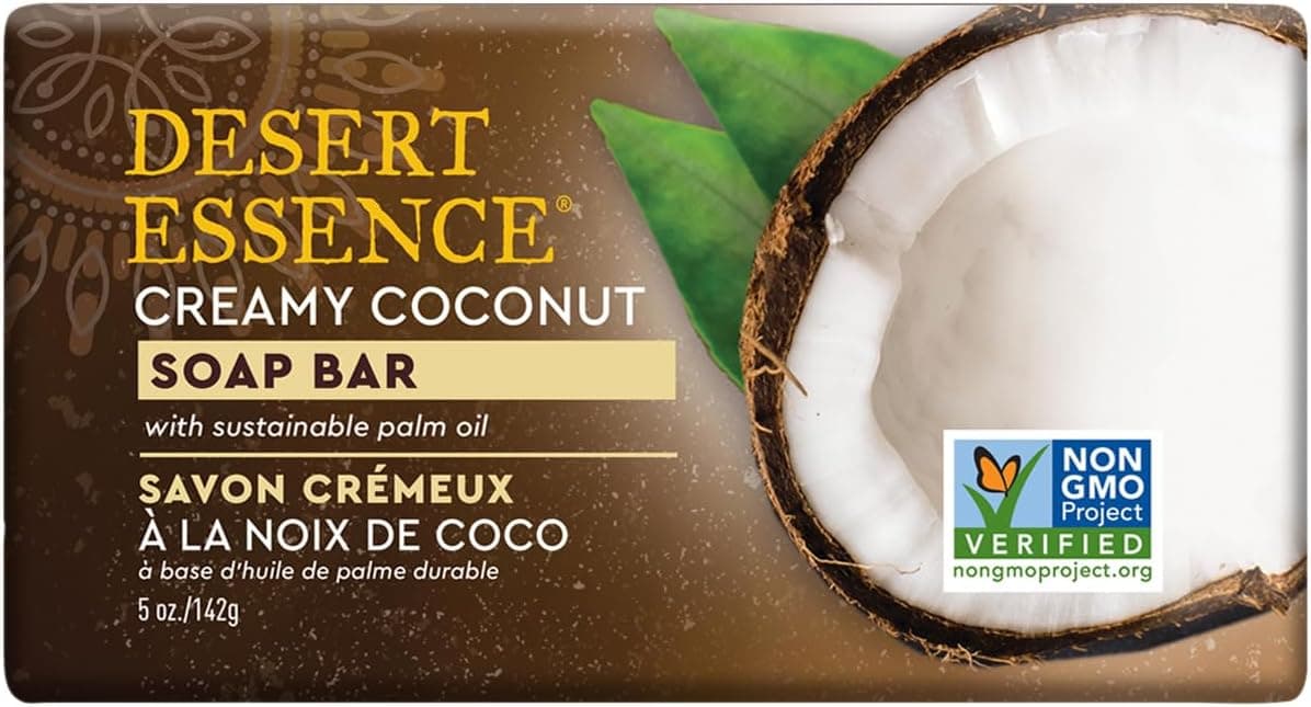Desert Essence Creamy Coconut Soap Bar Softening Jojoba Oil Soothing Colloidal Oatmeal Safe for Sensitive Skin Face Body Vegan CrueltyFree