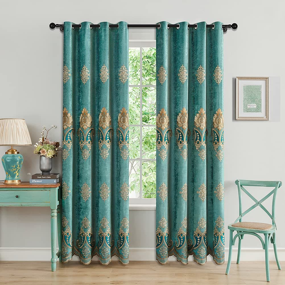 ELKCA Turquoise Chenille Curtain Sets with Embroidered Pattern for Living Room EuropeanStyle Curtains for BedroomGrommet Top 52 W x 96 LPack of 2