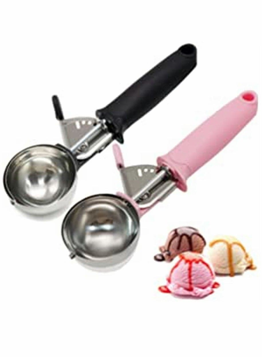 Ice Cream Scoop, Stainless Steel, Trigger Release and Comfortable Handle, Cookie Dough Scooper, ice Ball Spoon, for Fruit Mashed Potato Cake Dessert, 6cm 2ps (Pink, Black)