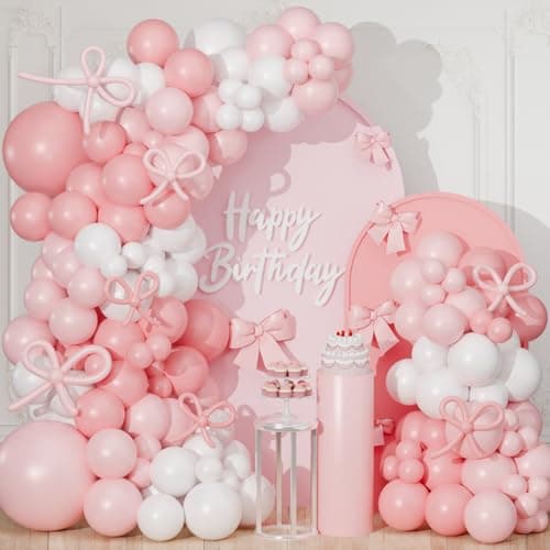 Pink Bow Balloon Arch Kit130 PCS Coquette Birthday Decorations Pastel Pink and White Garland Include Light blush Coquette Bow Balloon for Wedding Bridal Baby Shower Girls Birthday Decoration