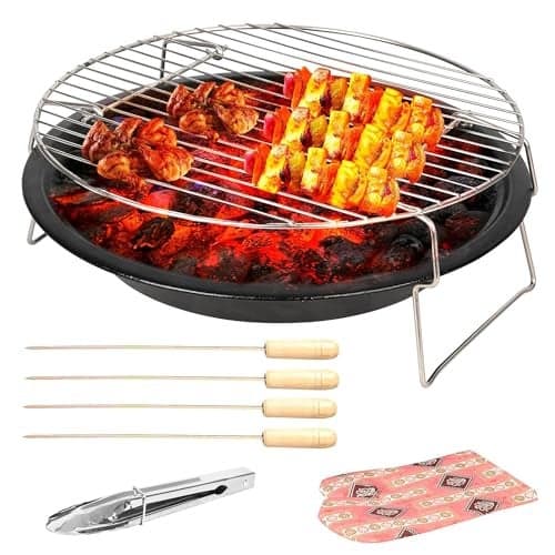 Oriley 3-in-1 Charcoal BBQ Grill Set | Barbecue Grill, Fire Pit & Campfire Iron Bowl | Tandoori Foldable BBQ with 4 Skewers, Glove & Tong for Home & Outdoor Use | Ideal for Camping, Bonfire & Picnic