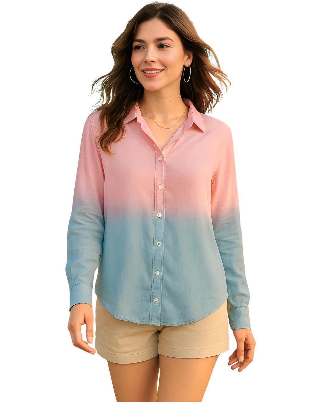 Maaesa – Women Pink & Sky Blue Handcrafted Ombre Tie-Dye Rayon Shirt | Casual & Office Wear | Oversized Fit | Long Sleeve | Breathable & Lightweight Fabric