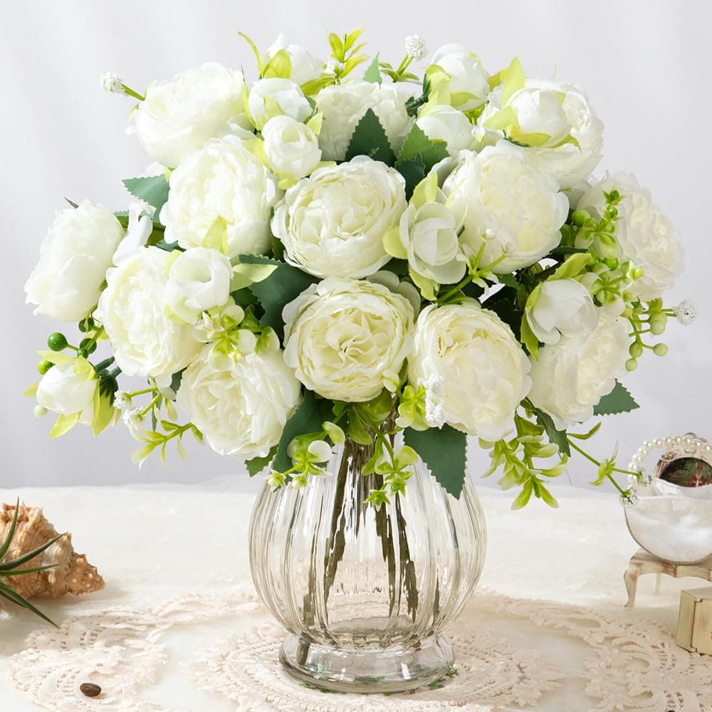 JARELING Artificial Peonies Silk Flowers in Glass Vase Faux Flowers Bouquets Modern Penoy Arrangement 4 Pack for Home Decoration Table Centerpiece White