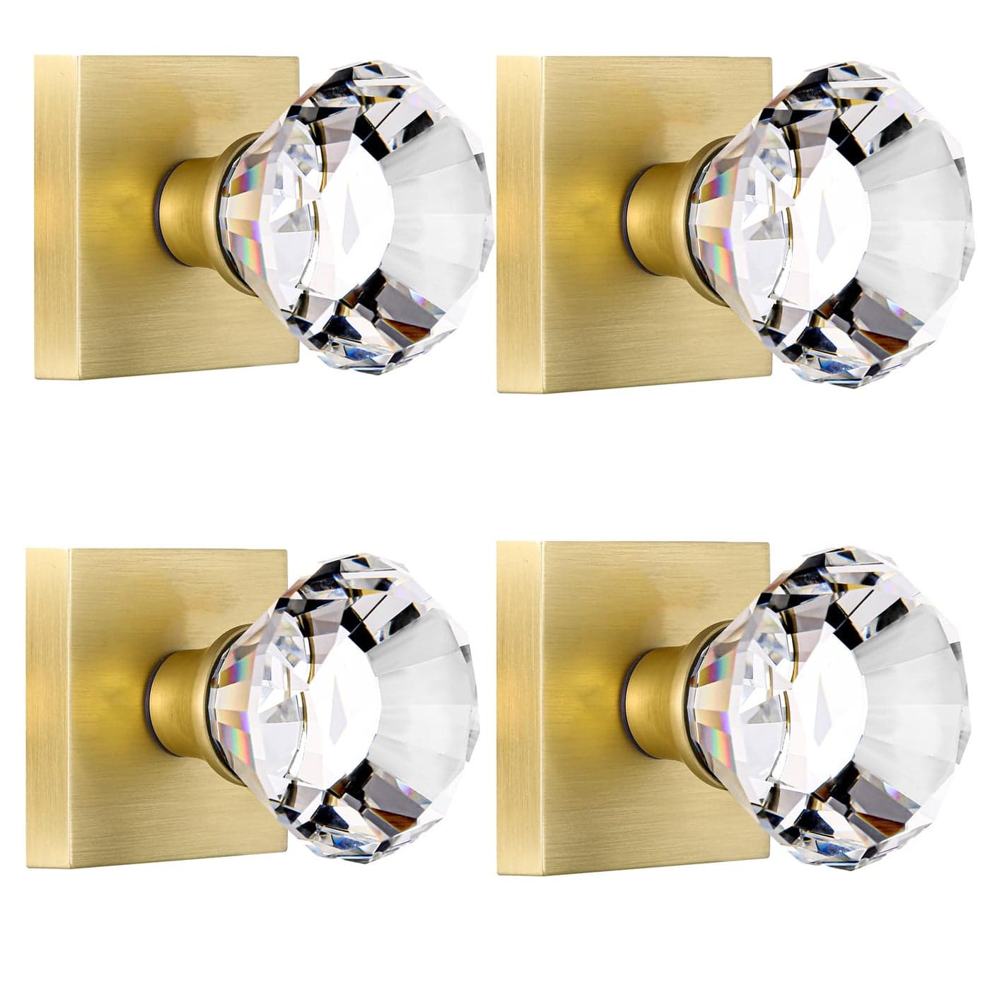 HIEMEY 4 Pack Closet and Hall Dummy Door Knob Interior Inactive Clear Glass Crystal Door Knobs Set Gold NonTurning Door Knobs Diamond Shape Satin Brass Door Knobs Square BS010N