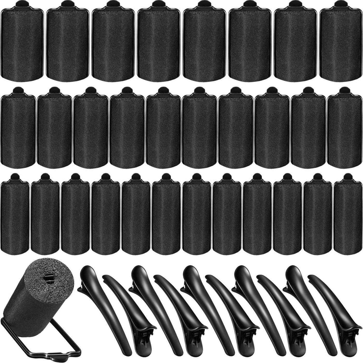 40 Pieces Sponge Hair Rollers Satin Rollers Silk Foam Rollers Women Hair Curlers with Duck Teeth Clips for Hairdressing StylingMultisizeBlack
