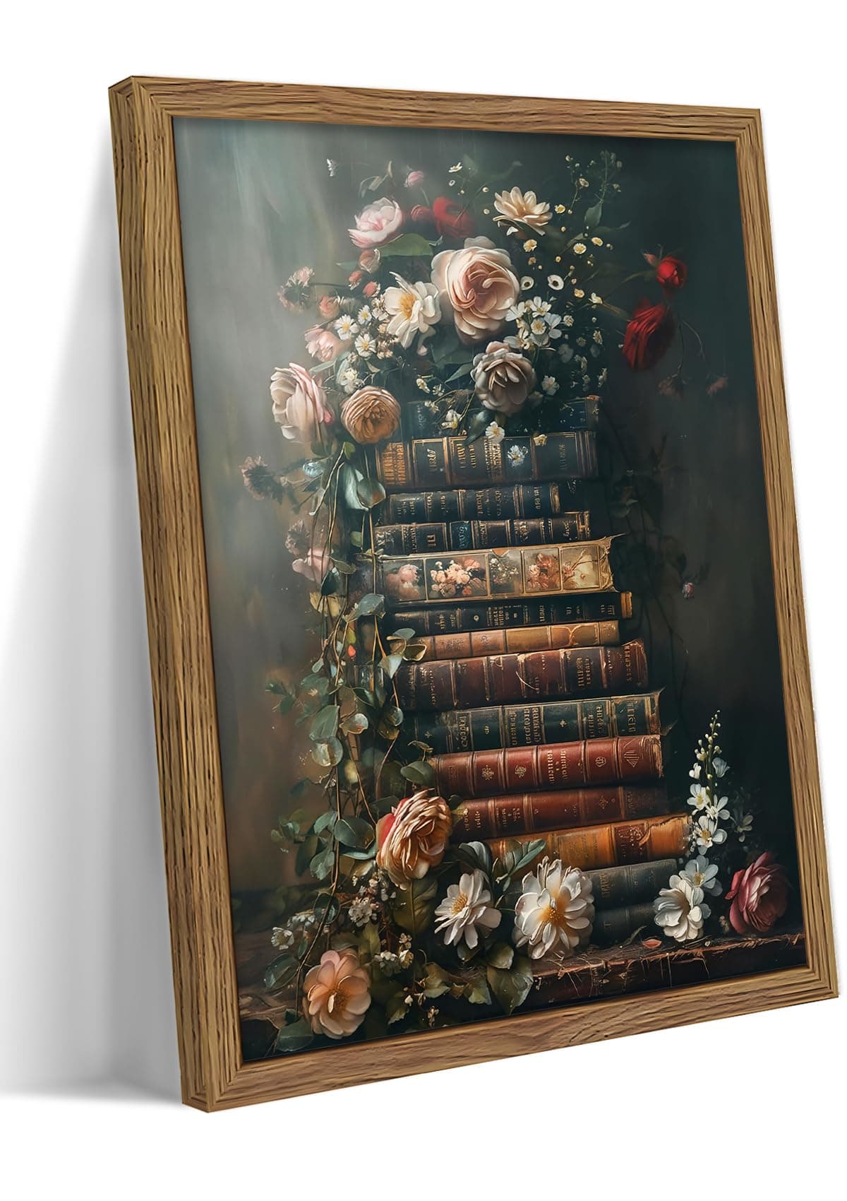 Vintage Framed Wall Art Flowers Books Canvas Prints, Dark Academia Wildflowers Oil Painting, Botanical Book Pictures Artwork for Living Room Bedroom Study – Dark Wooden Frame 12x16in