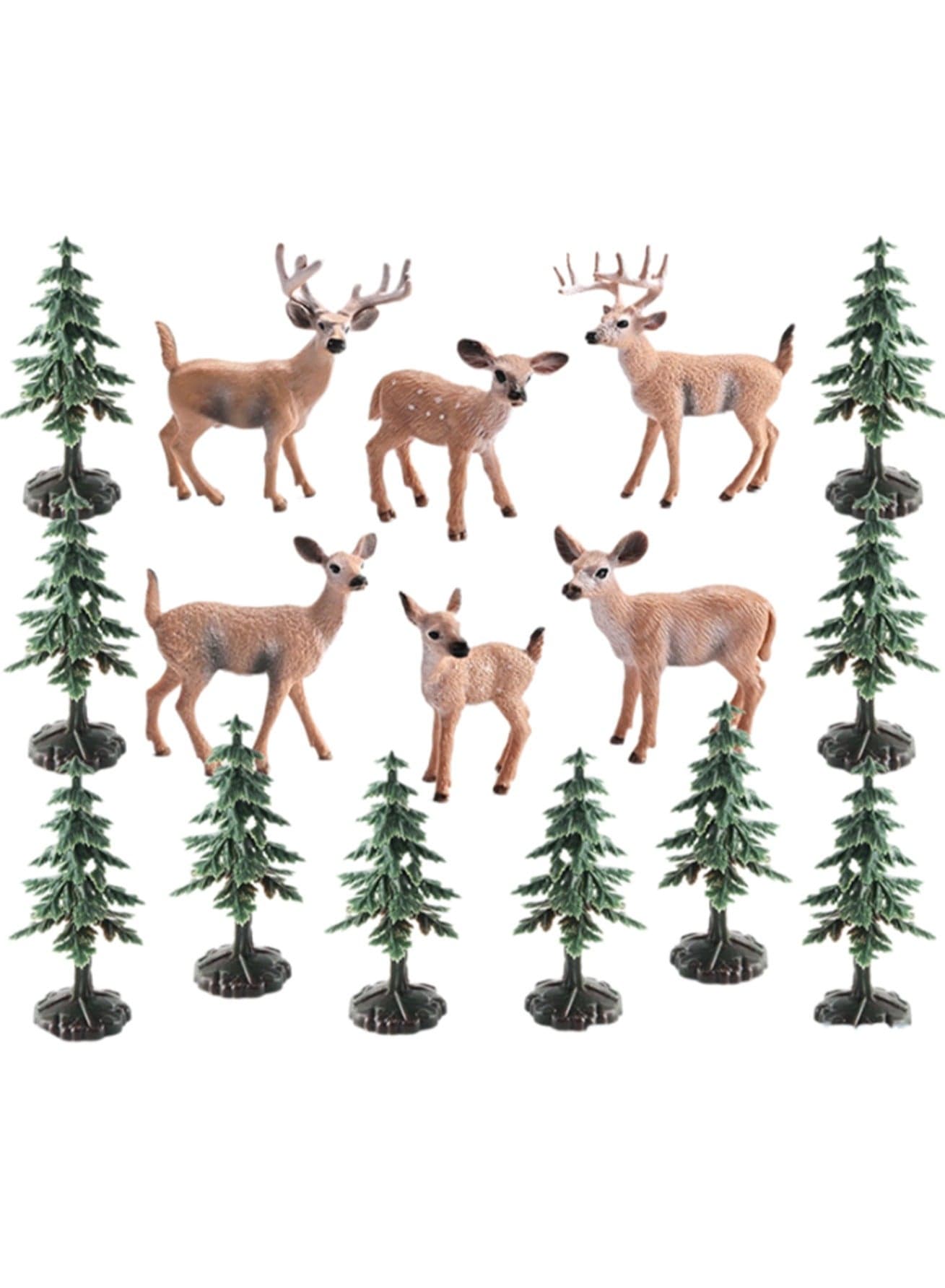 6 Whitetail Deer 10 Pine Trees Model Set, Biological Statue Miniature Animal Toy Cake Decoration Animal Theme Party Display, Gift For Kids