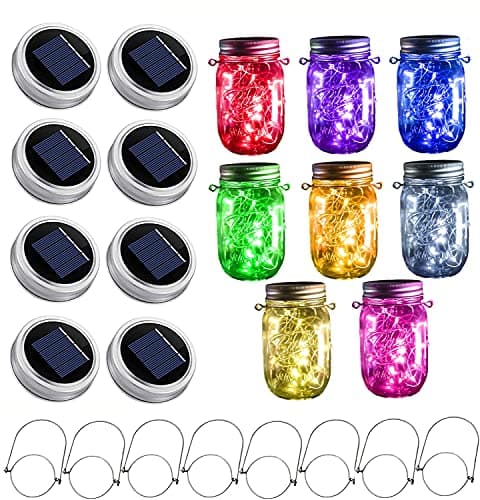 StarryMine Upgraded Solar Mason Jar Lights, 8 Pack 10 LED Waterproof Fairy Firefly Jar Lids String Lights with Hangers(Jars not Included), Patio Yard Garden Wedding Easter Decoration - 8 Colors
