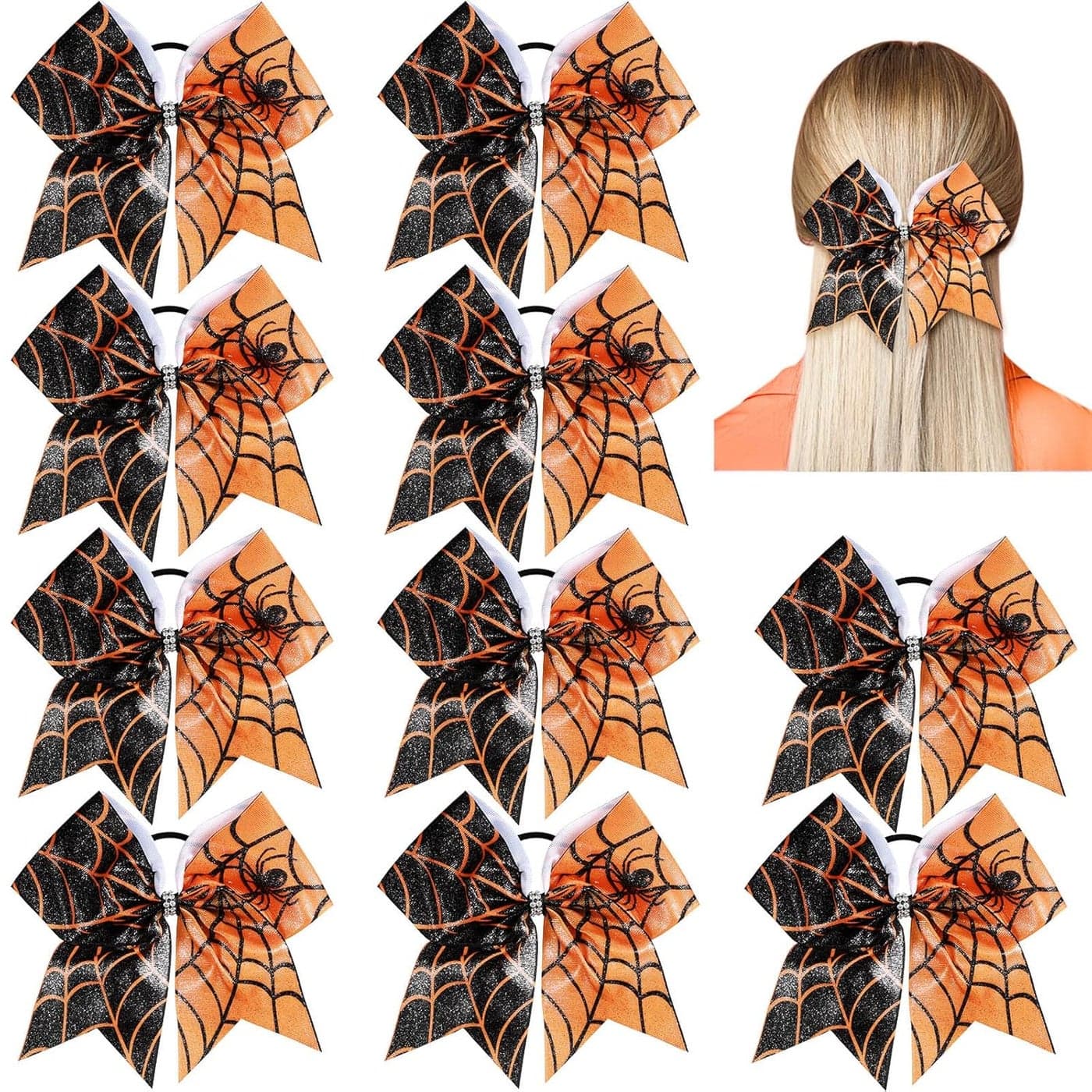 10 Pcs Halloween Jumbo Cheerleading Bow 8 Inch Cheer Hair Bows Cheerleader Hair Bows with Ponytail Holder Halloween Hair Tie Elastic Band Hair Accessories for Teens Kids GirlsSpider Web